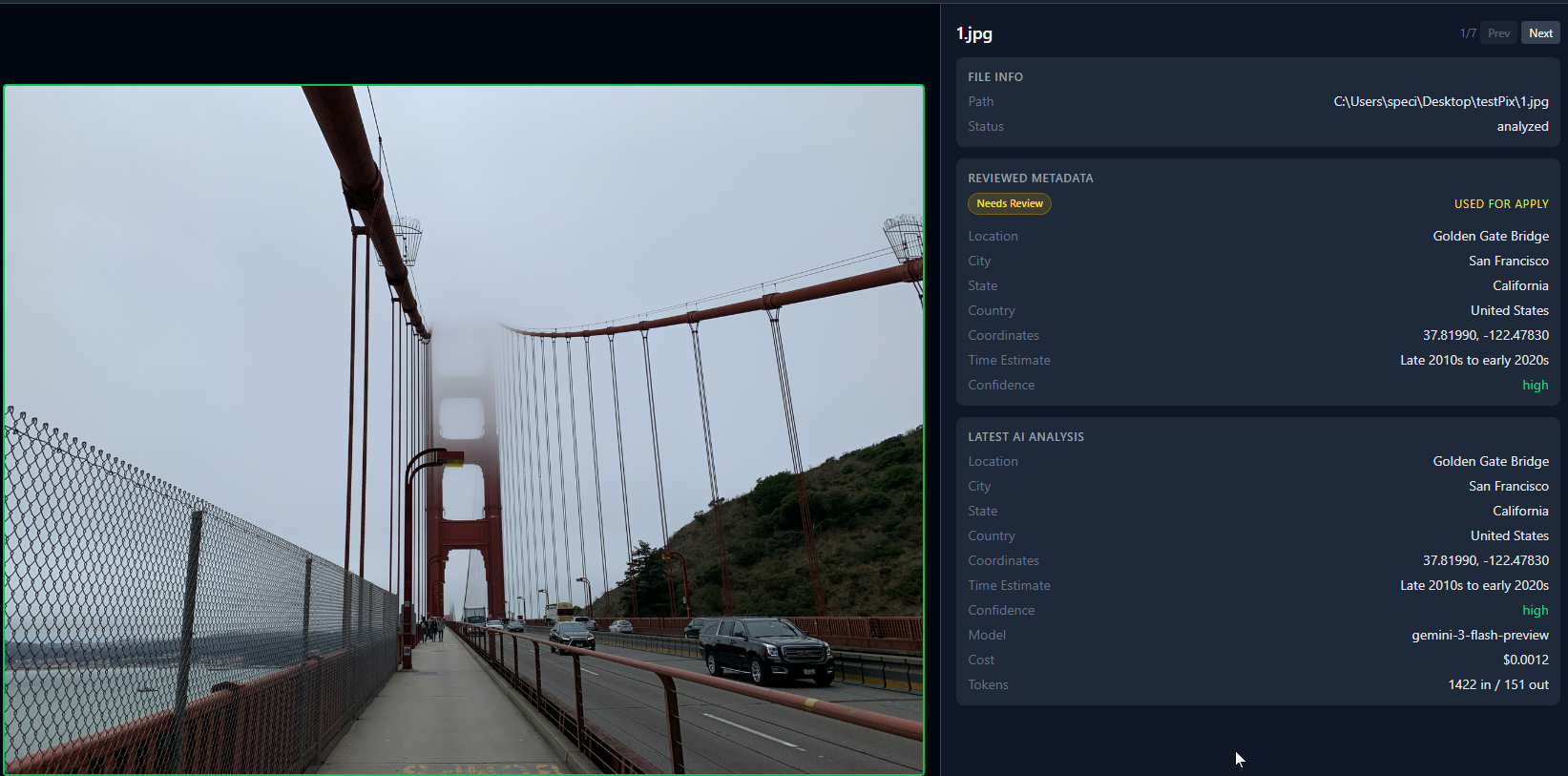 LandMarkd detail view showing AI-analyzed photo location data next to original EXIF metadata