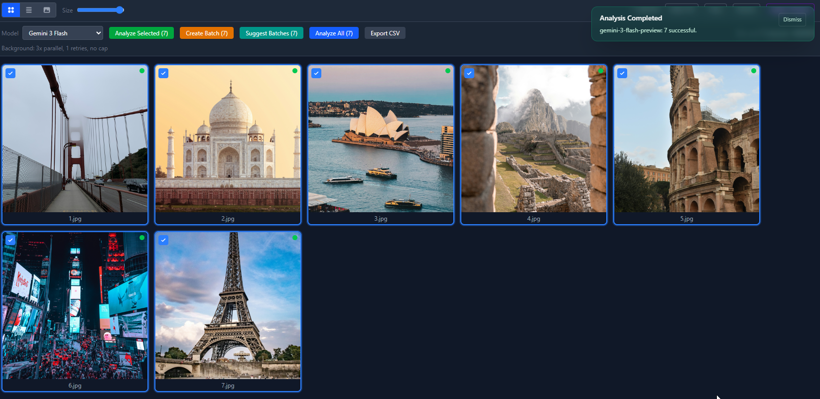 LandMarkd app screenshot 1 - LandMarkd looks at your photos and figures out where they were taken using AI. It picks up on landmarks, signs, architecture, and other visual clues to identify the city, country, and exact location, then writes GPS coordinates into your files and renames them automatically. Bring your own API key, no accounts, no sign-ups.