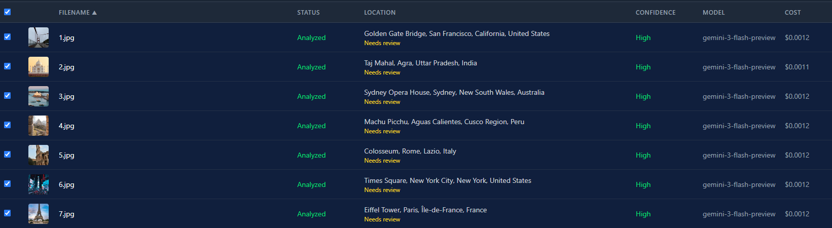 LandMarkd app screenshot 3 - LandMarkd looks at your photos and figures out where they were taken using AI. It picks up on landmarks, signs, architecture, and other visual clues to identify the city, country, and exact location, then writes GPS coordinates into your files and renames them automatically. Bring your own API key, no accounts, no sign-ups.