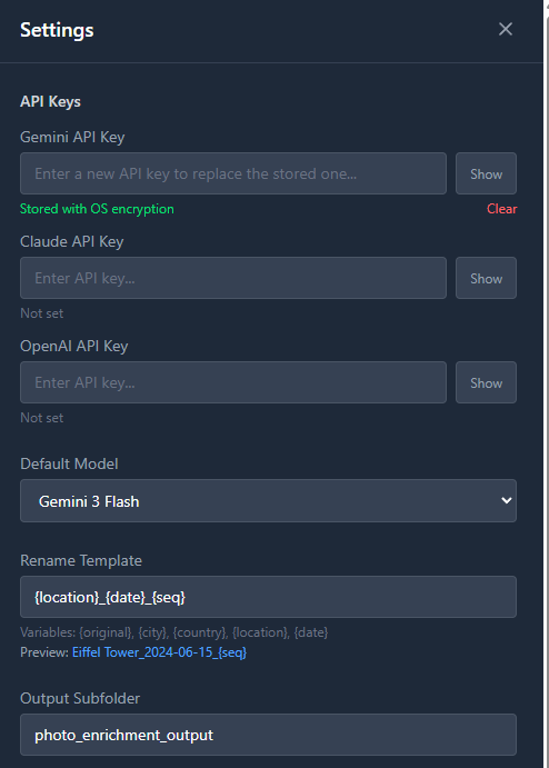 LandMarkd app screenshot 4 - LandMarkd looks at your photos and figures out where they were taken using AI. It picks up on landmarks, signs, architecture, and other visual clues to identify the city, country, and exact location, then writes GPS coordinates into your files and renames them automatically. Bring your own API key, no accounts, no sign-ups.